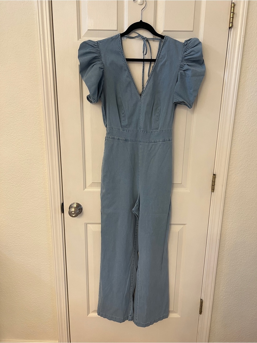 Bar III Denim-Style Puff Sleeve V-Neck Jumpsuit in Light Blue